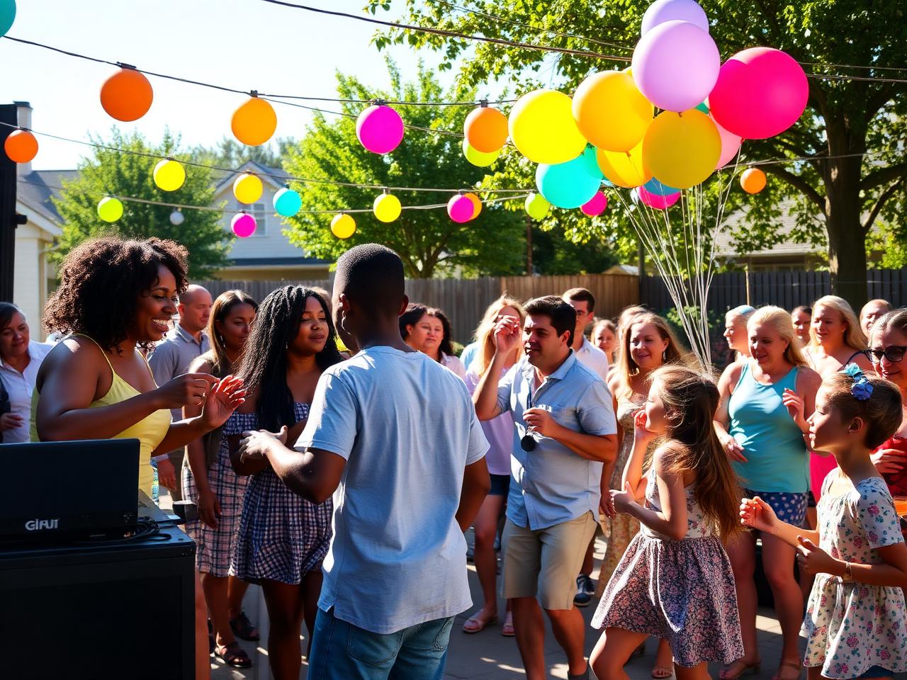 Families and kids dancing at an outdoor neighborhood block party with balloons and a DJ setup