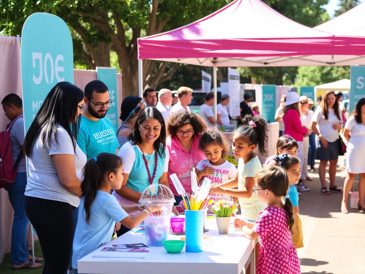 Volunteers and local program staff with families at an outdoor community day keepsake craft station