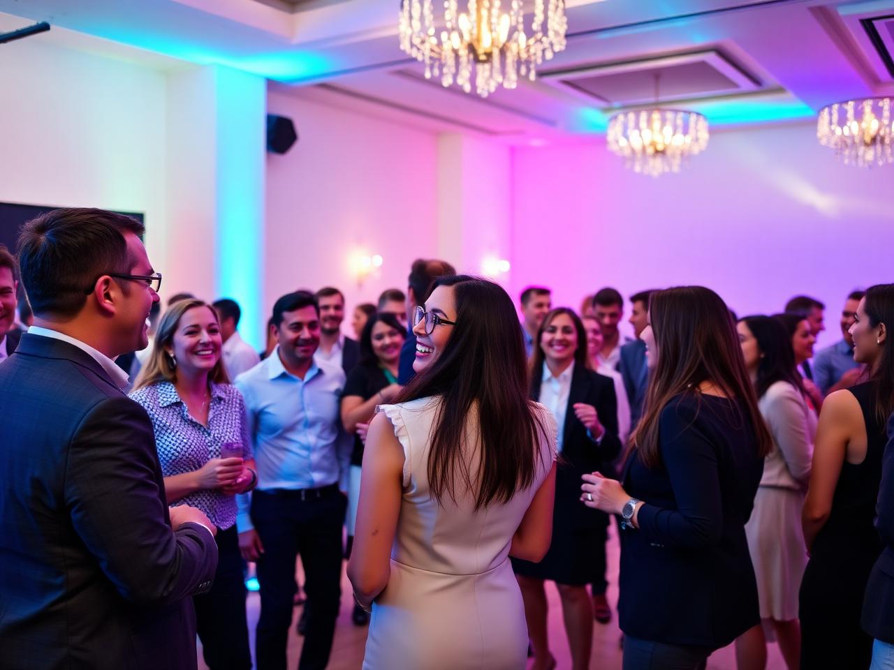 Diverse professionals laughing at a company celebration with turquoise and magenta lighting