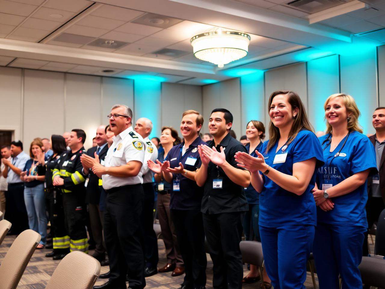 Community volunteers, medical and emergency service workers applauding at an appreciation event