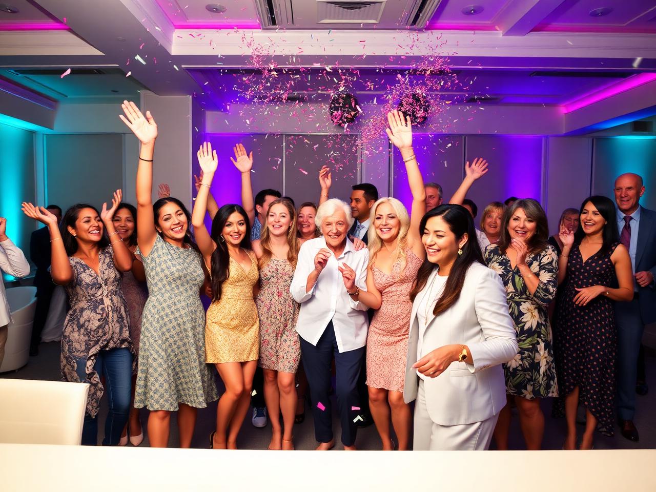 Multigenerational family cheering with confetti at a milestone celebration