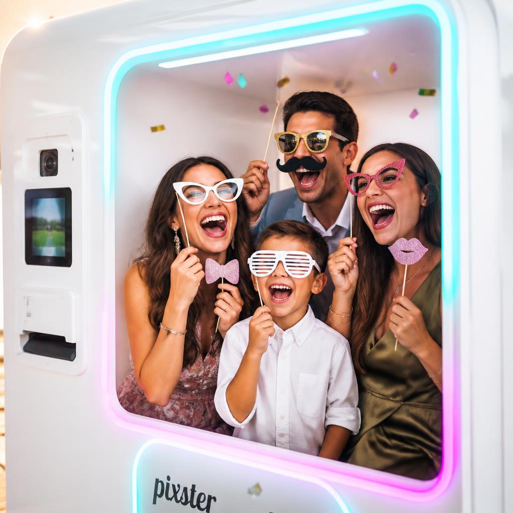 A family laughing with silly props inside a neon-lit open-air photo booth